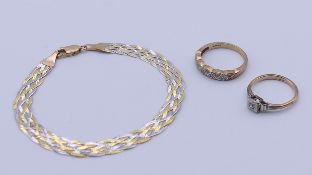 A 9 ct gold bracelet (2.8 grammes), an 18 ct gold and diamond ring (2.