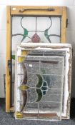 Six stained glass panels, three framed. The largest 96 x 52 cm overall.