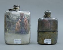 Two silver-plated hip flasks. The larger 13 cm high.