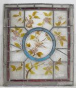 Two stained glass panels decorated with birds. The larger 60 x 51 cm.