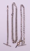 Two silver watch chains and an unmarked white metal watch chain. 34.