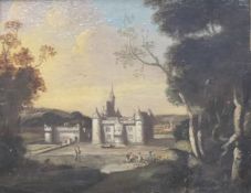 Three 19th century oils on panel, Castle in Woodland,
