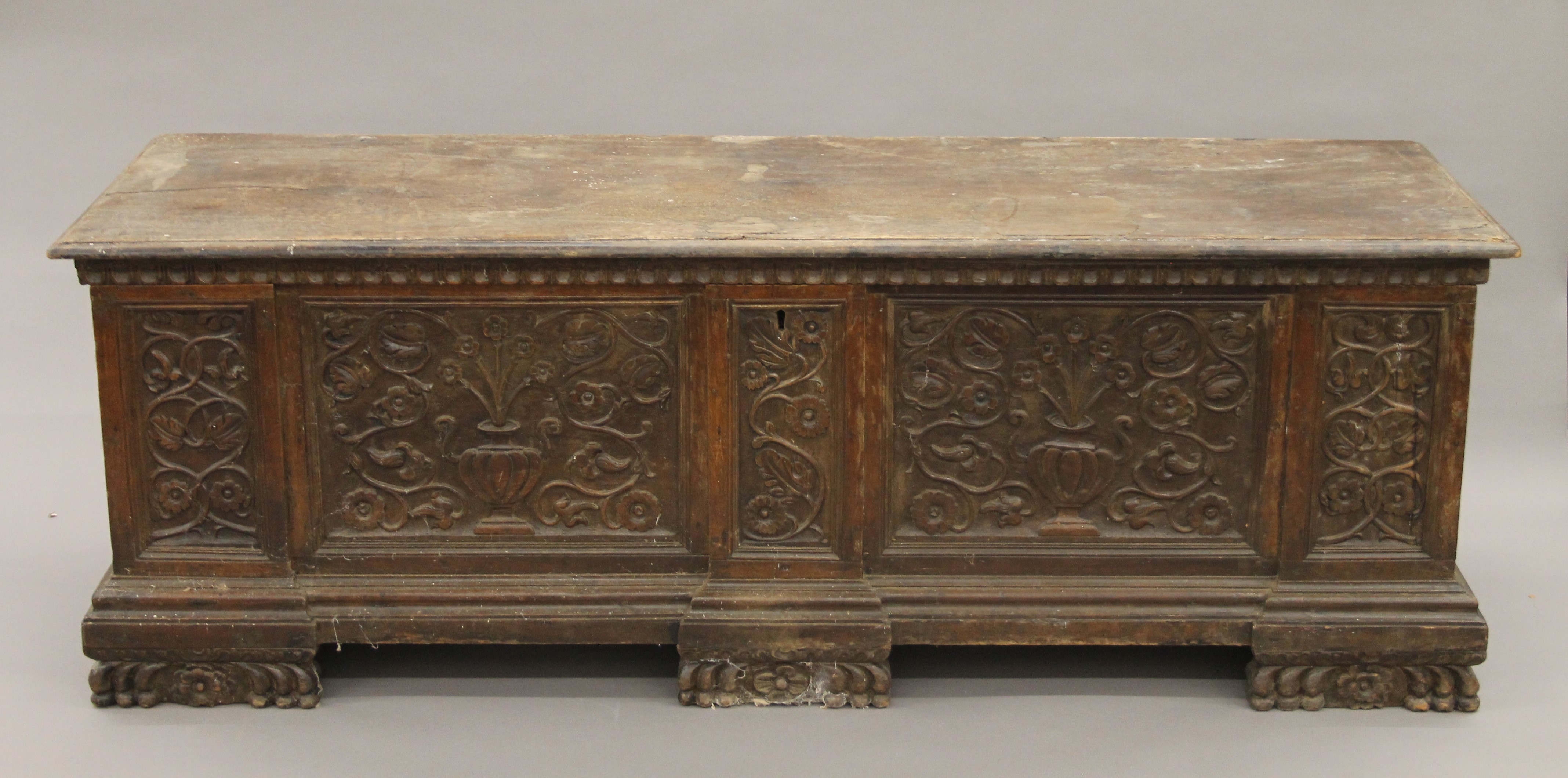 An 18th century Italian walnut cassone. 187 cm long.