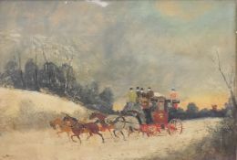 NAIVE SCHOOL (19th century) British, a pair of Coaching Scenes, oils on board, framed. 26.5 x 39 cm.