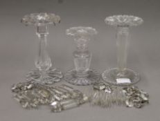 Three Victorian clear glass lustres. The largest 18 cm high.