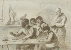 A 19th century Bartolozzi print, The Music School, housed in a brass mounted maple frame. 44 x 55.