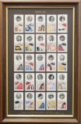 Four frames of various cigarette cards, including Ogdens Trainers and Owners' Colours,