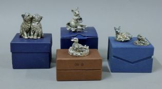 Five various filled silver animals (4 boxed). The mouse 7 cm high.