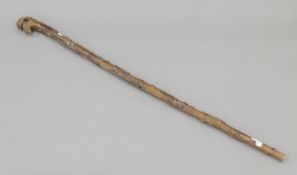 An Eastern carved wooden walking stick, the handle formed as a dog-of-fo. 97 cm high.