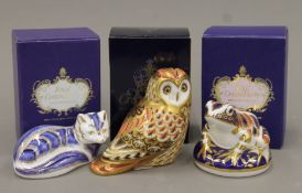 Three boxed Royal Crown Derby paperweights: a short-eared owl, a fox and a frog.