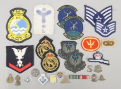 A quantity of various military metal and cloth badges, other badges and an 1896 one penny coin.