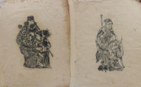 Two Chinese prints, one of Shou Loa and a Deer, unframed. The former 45 x 34.5 cm.