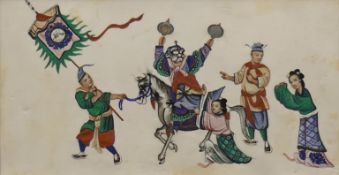 A 19th century Chinese rice paper picture depicting a Procession, mounted. 16 x 30.5 cm.