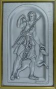 A framed Guerrini silver plaque depicting Diana The Huntress. 37 x 32 cm overall.