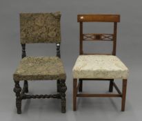 A 19th century side chair with a shaped and inlaid back and front legs and an early Victorian oak