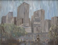 AMERICAN SCHOOL (20th century), The Manhattan Skyline, oil on board, indistinctly signed, framed.