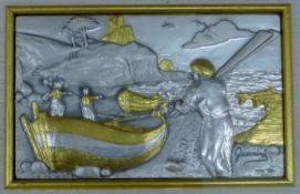 A framed Guerrini silver plaque depicting fishermen on the shore. 33.5 x 38 cm overall.