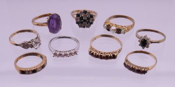 Nine various 9 ct gold rings. 20.1 grammes total weight. Various ring sizes.