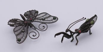 Two Chinese filigree insects, one a butterfly, the other a praying mantis.