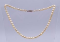 A cultured pearl necklace with 9 ct gold, amethyst and clear stone set clasp.