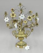 A Victorian brass floral candelabra with glass flowers. 60 cm high.