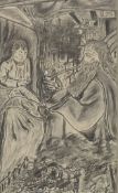 Figures in an Interior, charcoal drawing, indistinctly signed, framed and glazed. 38 x 22.5 cm.
