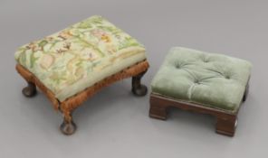A 19th century mahogany-framed foot stool and an early 20th century tapestry-topped foot stool.