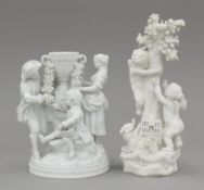 A 19th century Derby bisque porcelain figural group and another similar bisque group.
