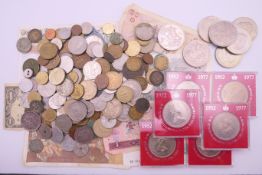 A collection of coins and bank notes etc.
