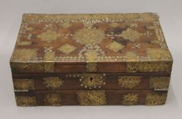 An 18th/19th century Indo-Portuguese brass-mounted padouk writing box. 48 cm wide.