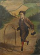 NAIVE SCHOOL (19th century), A Boy Playing with a Hoop and Stick, oil on canvas. 61 x 45.5 cm.