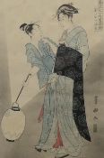A Japanese woodblock print of two Geisha's, framed and glazed. 37 x 24.5 cm.
