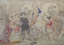 A 19th century framed tapestry of Figures on Horseback leaving a Castle. 80 x 109 cm overall.