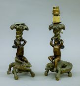 A pair of 19th century bronze crocodile and fairy lamps. Each 20 cm high.