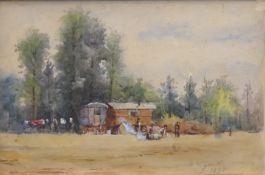 B WIGAN (19th century), Figures before Caravans, watercolour on paper, signed and dated 1895,