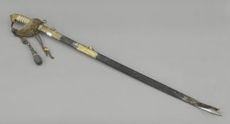 A Naval officer's sword in scabbard. 94 cm long.