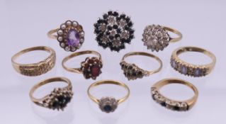 Eight various 9 ct gold rings and two unmarked gold rings. 26.7 grammes total weight.