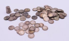 A quantity of silver threepence coins (approximately 100) - 1873 (x1), 1884 (x1), 1890 (x1),