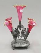 A Victorian cranberry glass-mounted epergne. 35 cm high.