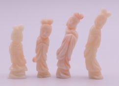 Four Japanese angel skin coral carvings of geishas. Tallest 4.5 cm high.