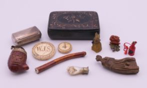 A quantity of miscellaneous items including: a Victorian papier mache snuff box with inlaid floral