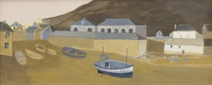 DAVID HUMPHREYS (20th century) Welsh (AR), Port Issac, oil on board, signed, framed. 24 x 59 cm.