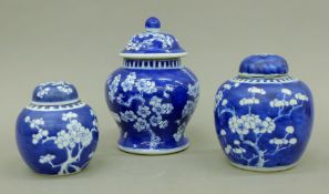 Three Chinese blue and white porcelain ginger jars. The largest 22 cm high.