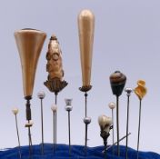 A collection of vintage hatpins. Agate hat pin 9 cm high (agate 2 cm high).