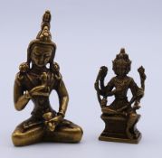 Two small bronze figures of Buddhist deities. Tallest 7.5 cm high.