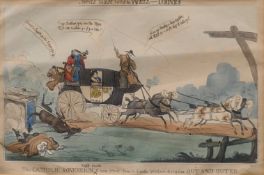 Two 19th century hand-coloured satirical prints, each framed and glazed. Each 39 x 51.5 cm overall.
