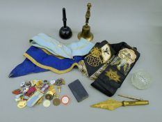 A collection of Masonic regalia etc. The bell 22 cm high.