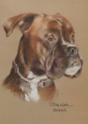 JOEL KIRK, Boxer dog, print, together with a print of a cat, both framed and glazed.