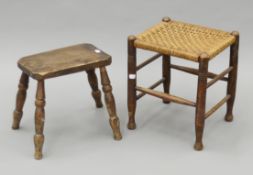 A 19th century elm stool and a raffia-topped stool. The former 31 cm wide.