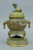 A Chinese brass and enamel censer on stand. 25 cm high.